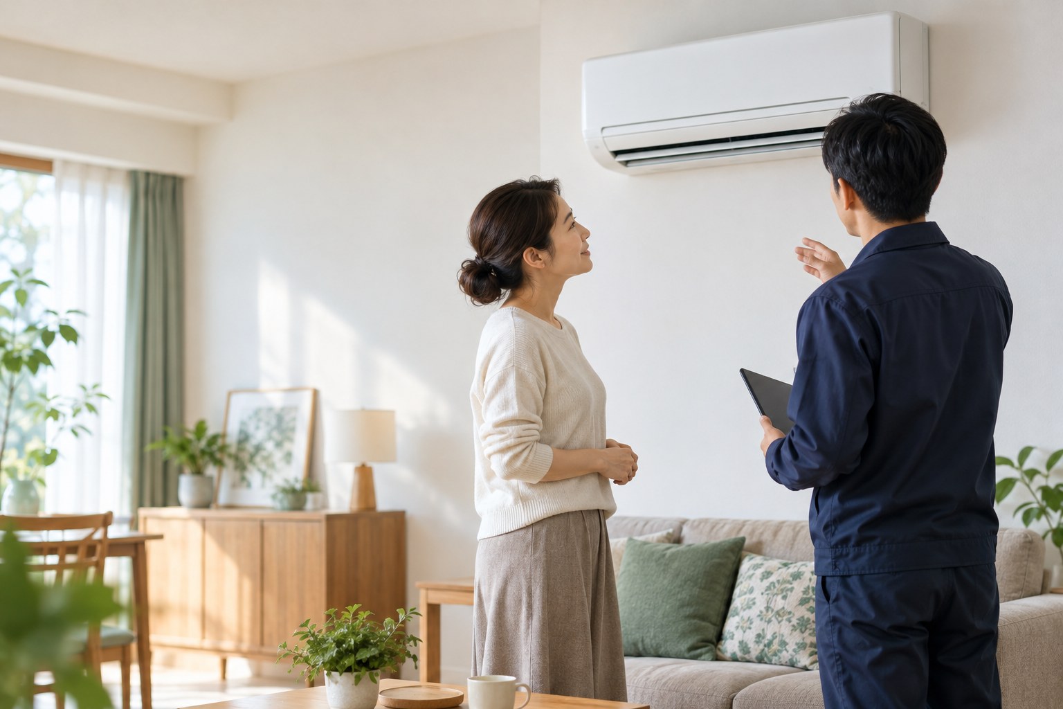 住户与服务顾问沟通家电问题的 AI 场景示意，非商家实拍